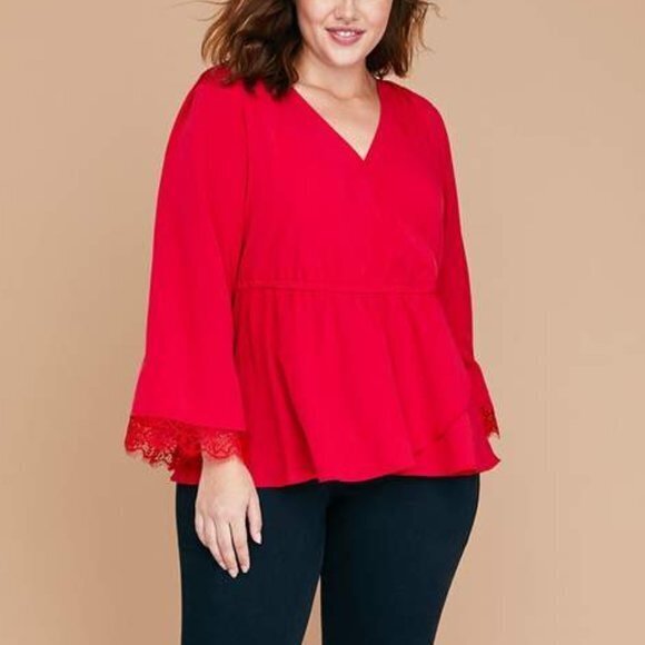 NEW Lane Bryant Lace-Trim Faux Wrap Blouse Red Womens‎ Plus Size 14 Top - Picture 1 of 10